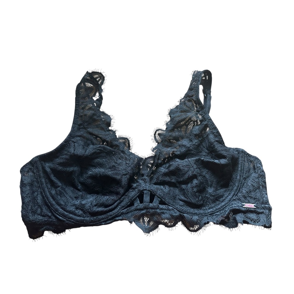 PINK Victoria's Secret Bra Black Lace Unlined Wireless‎ Size S Small C75